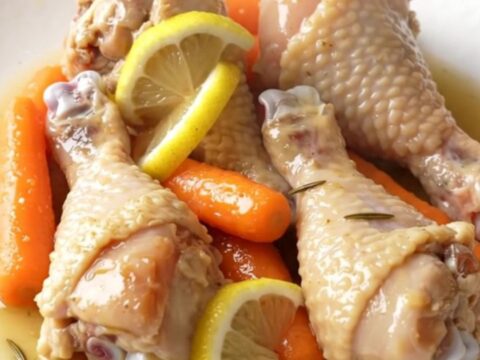 Close-up of slow-cooked lemon rosemary chicken drumsticks with carrots and lemon slices in a savory broth.