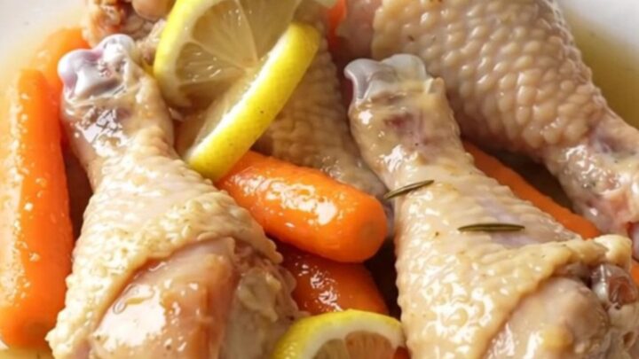 Close-up of slow-cooked lemon rosemary chicken drumsticks with carrots and lemon slices in a savory broth.