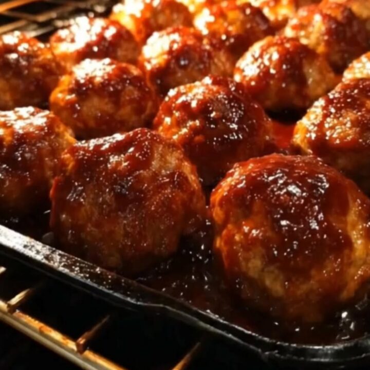 A close-up of glossy, sticky glazed barbecue meatballs sizzling on a parchment-lined baking sheet
