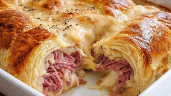 A golden-brown Reuben Crescent Bake in a ceramic dish, showing flaky pastry layers.