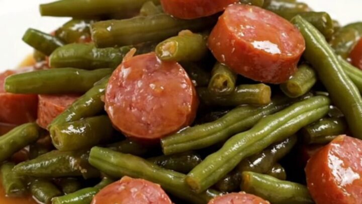 A high-angle shot of a slow cooker filled with smoked sausage coins and fresh green beans in a rich glaze.