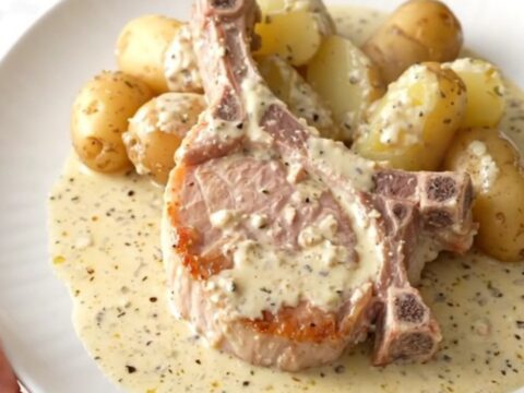 A top-down view of creamy Alfredo pork chops and potatoes in a black slow cooker insert.