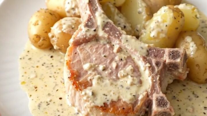 A top-down view of creamy Alfredo pork chops and potatoes in a black slow cooker insert.
