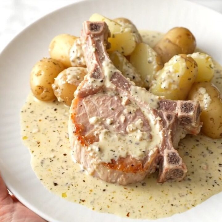 A top-down view of creamy Alfredo pork chops and potatoes in a black slow cooker insert.