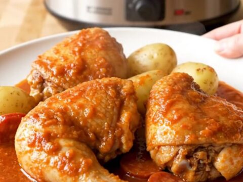 A stainless steel slow cooker filled with braised chicken thighs, chorizo coins