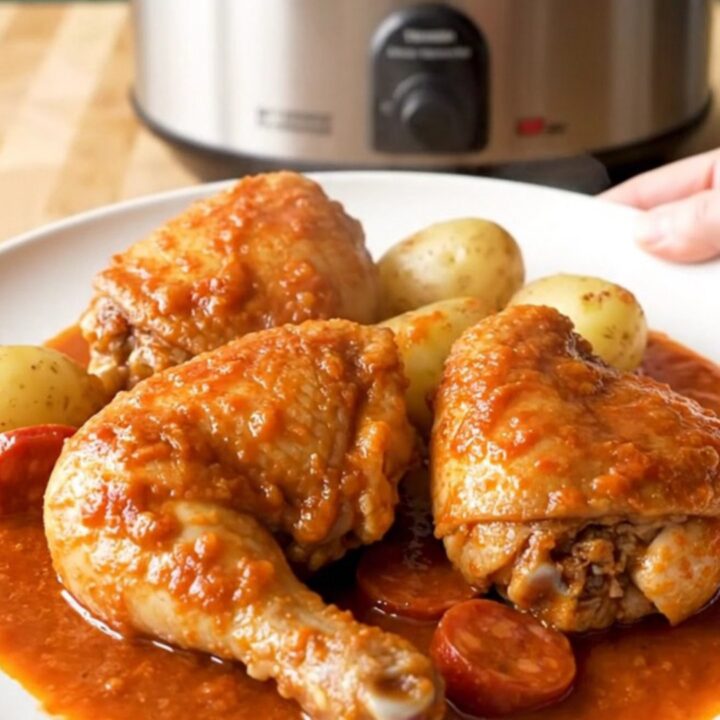 A stainless steel slow cooker filled with braised chicken thighs, chorizo coins