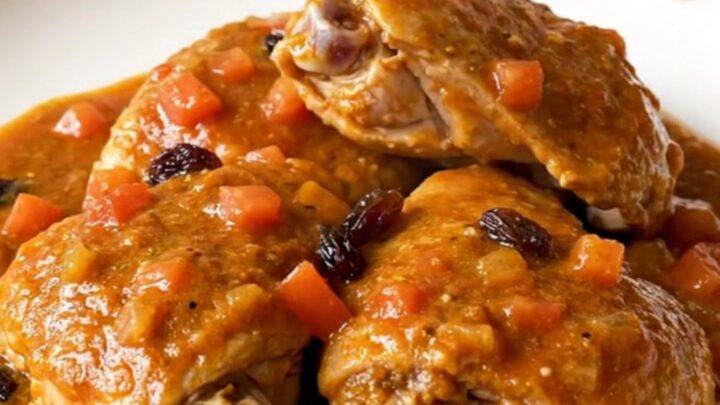 A close-up view of the finished Country Captain chicken served on a white plate with a thick tomato-curry sauce.