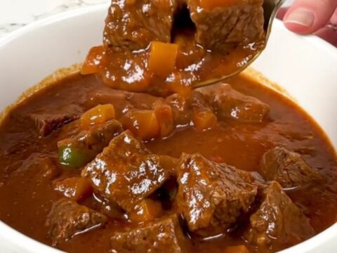A bowl of tender slow-cooked carne guisada with a rich tomato gravy and visible pieces of beef and peppers.