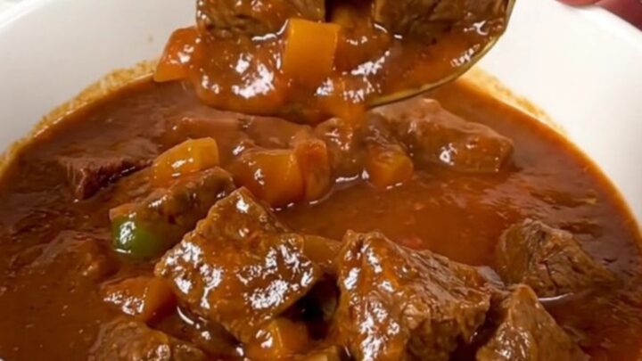A bowl of tender slow-cooked carne guisada with a rich tomato gravy and visible pieces of beef and peppers.