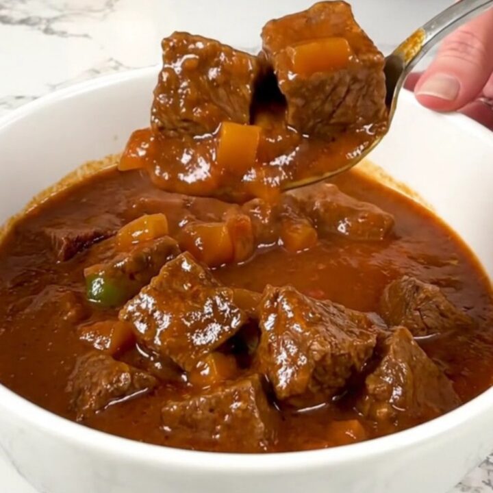 A bowl of tender slow-cooked carne guisada with a rich tomato gravy and visible pieces of beef and peppers.