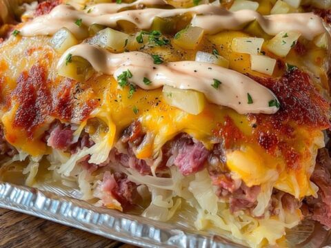 A golden, bubbling Reuben casserole in a foil pan on a wooden countertop.