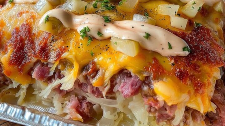 A golden, bubbling Reuben casserole in a foil pan on a wooden countertop.