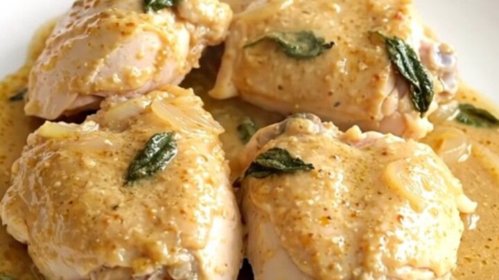A top-down view of tender chicken thighs in a creamy sage and brown butter sauce inside a slow cooker.