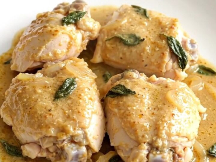 A top-down view of tender chicken thighs in a creamy sage and brown butter sauce inside a slow cooker.