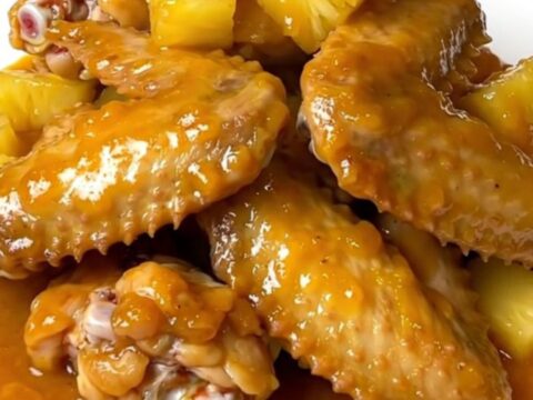 A top-down view of raw chicken wings and pineapple chunks in a black slow cooker insert on a granite countertop.