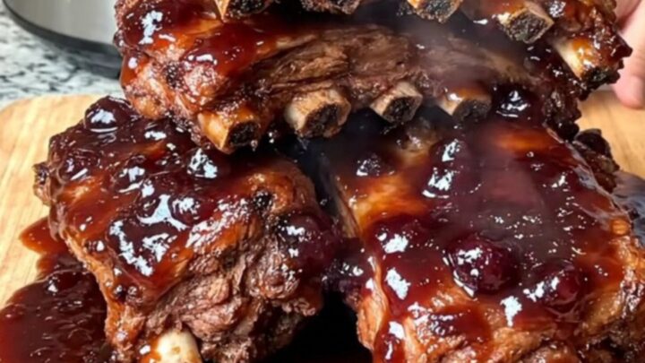 A close-up of tender, glossy BBQ ribs coated in a rich grape jelly sauce on a wooden board.