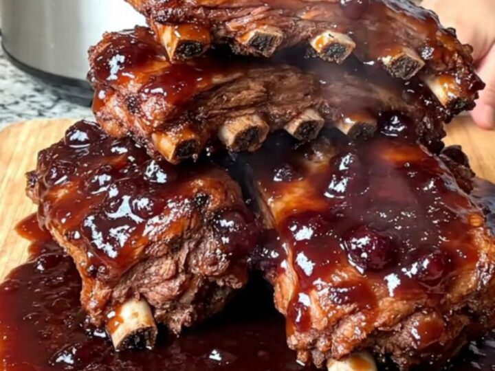 A close-up of tender, glossy BBQ ribs coated in a rich grape jelly sauce on a wooden board.