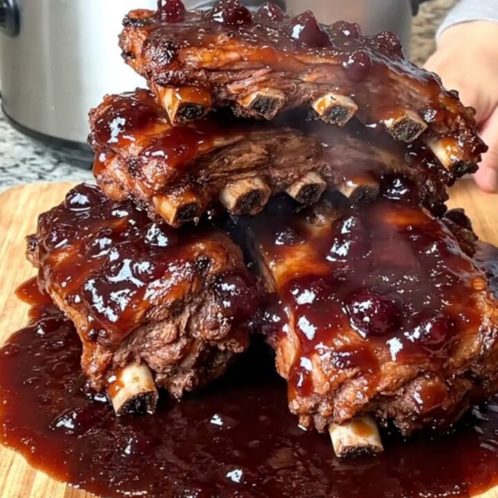 A close-up of tender, glossy BBQ ribs coated in a rich grape jelly sauce on a wooden board.