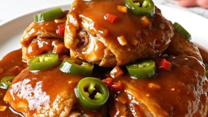 A serving spoon lifting a tender chicken thigh coated in a thick, glossy red-brown BBQ sauce with visible jalapeno rings.