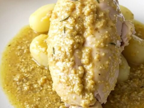 A close-up of tender braised chicken breast with soft baby potatoes in a creamy Dijon rosemary sauce.