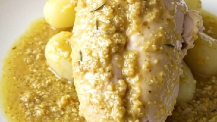A close-up of tender braised chicken breast with soft baby potatoes in a creamy Dijon rosemary sauce.