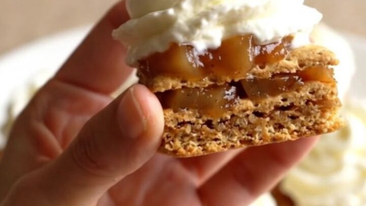 A close-up of no-bake apple pie graham bites on a plate, featuring crispy graham squares topped with apple filling