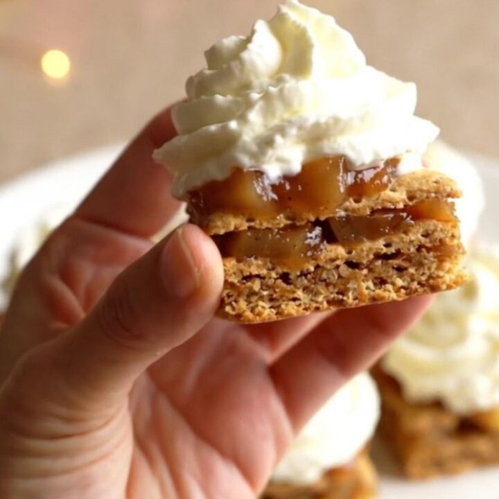 A close-up of no-bake apple pie graham bites on a plate, featuring crispy graham squares topped with apple filling