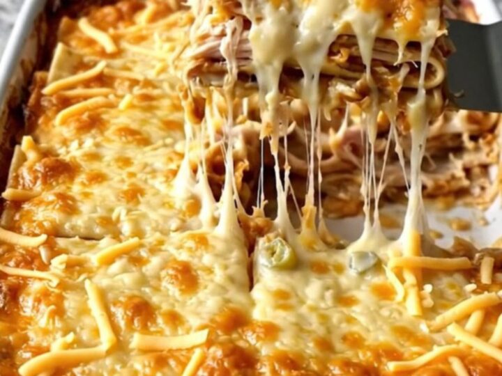 A top-down view of a creamy chicken enchilada casserole in a white ceramic baking dish before baking.