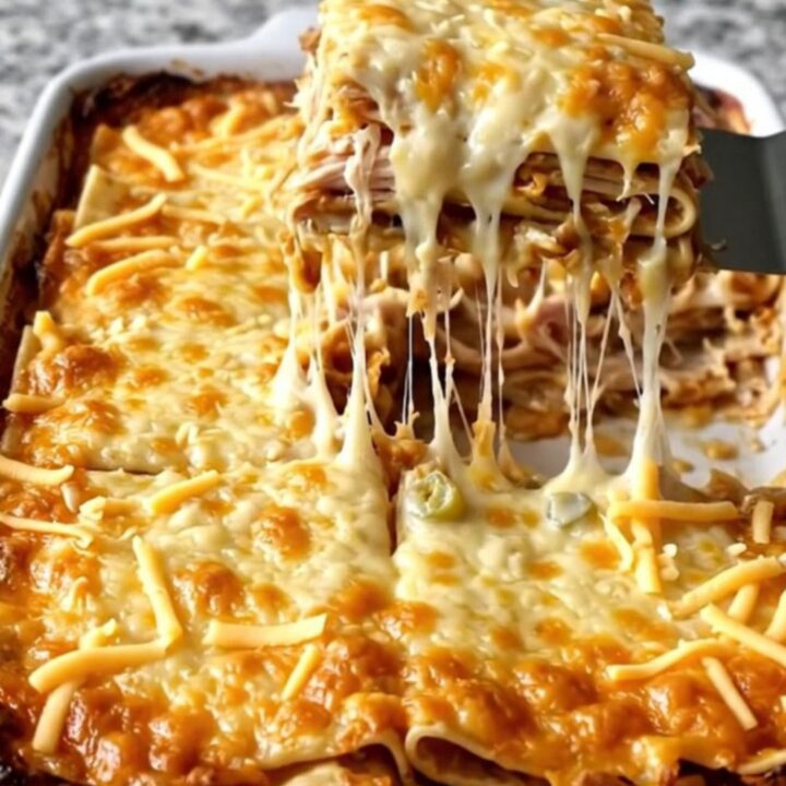 A top-down view of a creamy chicken enchilada casserole in a white ceramic baking dish before baking.