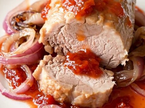 A whole slow-cooked pork tenderloin glazed with red pepper jelly on a dark background.