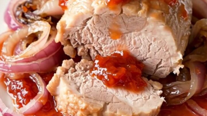 A whole slow-cooked pork tenderloin glazed with red pepper jelly on a dark background.
