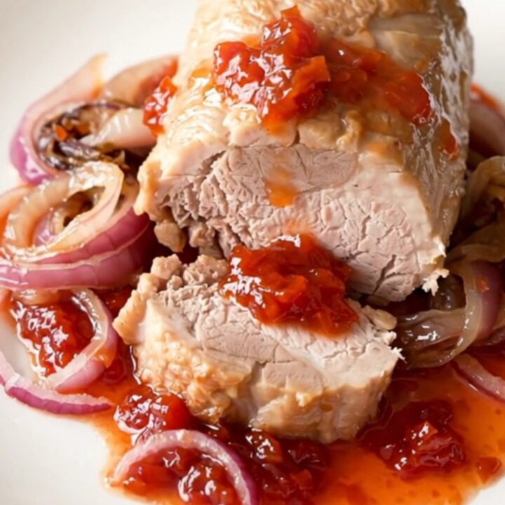 A whole slow-cooked pork tenderloin glazed with red pepper jelly on a dark background.