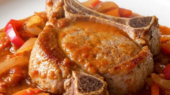 A close-up of a tender bone-in pork chop topped with a rich tomato, pepper, and onion sauce on a white plate.