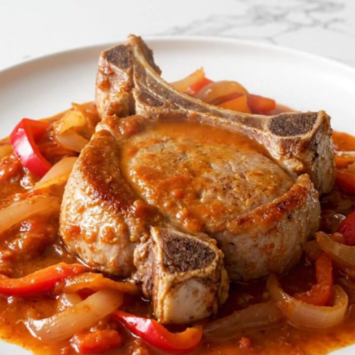 A close-up of a tender bone-in pork chop topped with a rich tomato, pepper, and onion sauce on a white plate.