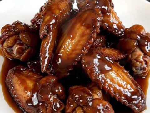 A close-up of dark, glazed chicken wings on a white plate with a glossy, thick soy molasses sauce and light steam.