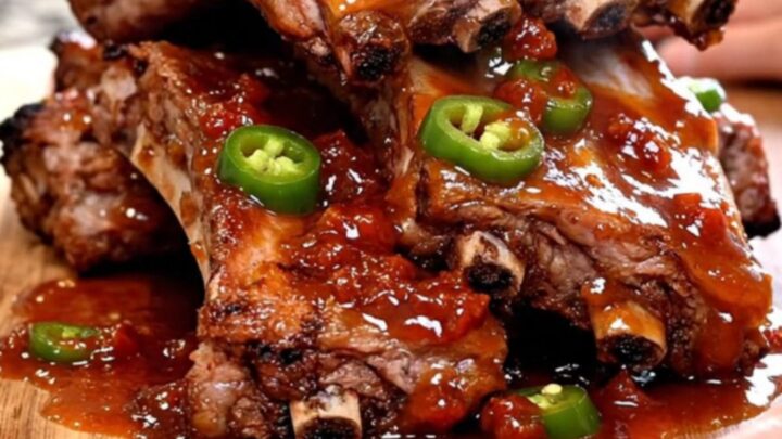 A close-up of tender, slow-cooked baby back ribs glazed with a vibrant red pepper jelly sauce on a wooden board.
