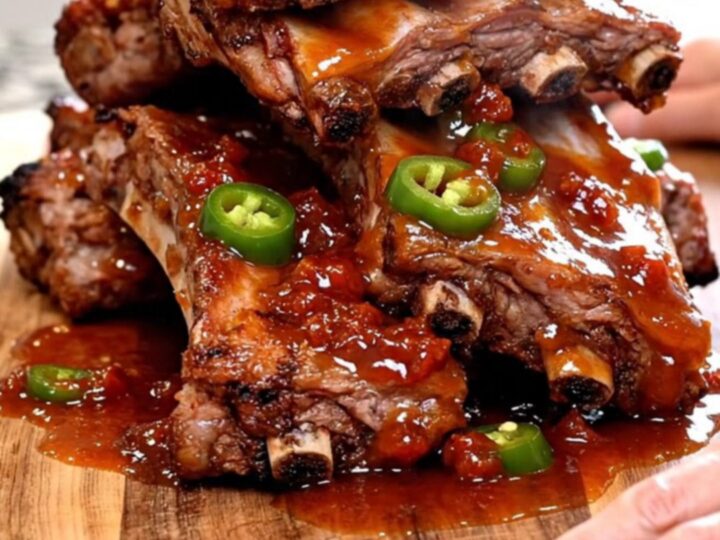 A close-up of tender, slow-cooked baby back ribs glazed with a vibrant red pepper jelly sauce on a wooden board.