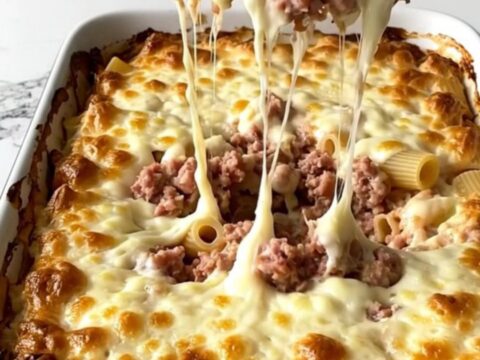 A top-down view of a rectangular baking dish filled with raw rigatoni, sausage crumbles, and creamy vodka sauce.