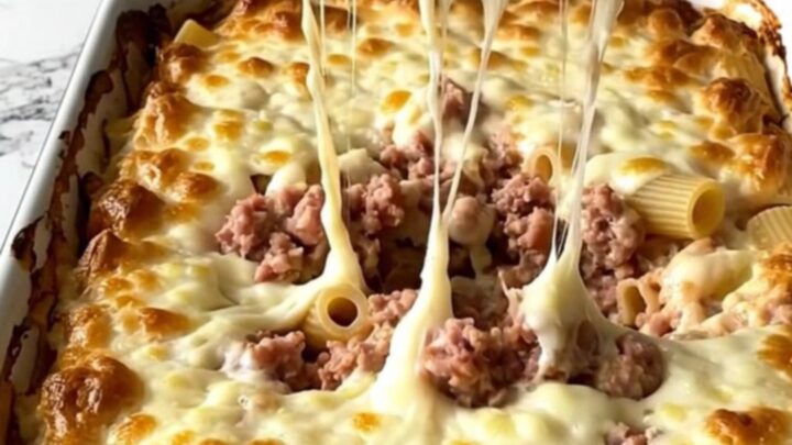 A top-down view of a rectangular baking dish filled with raw rigatoni, sausage crumbles, and creamy vodka sauce.