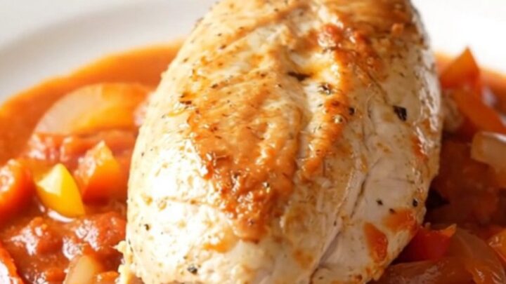 A close-up of tender chicken breast topped with colorful red and yellow peppers in a rich tomato sauce.