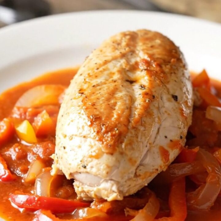 A close-up of tender chicken breast topped with colorful red and yellow peppers in a rich tomato sauce.