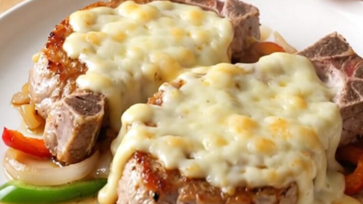 A top-down view of slow-cooked pork chops covered in melted provolone, peppers, and onions in a slow cooker.