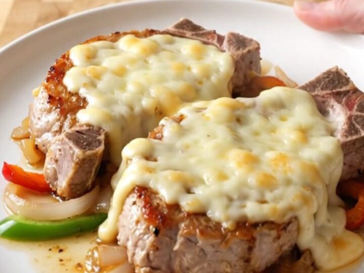 A top-down view of slow-cooked pork chops covered in melted provolone, peppers, and onions in a slow cooker.