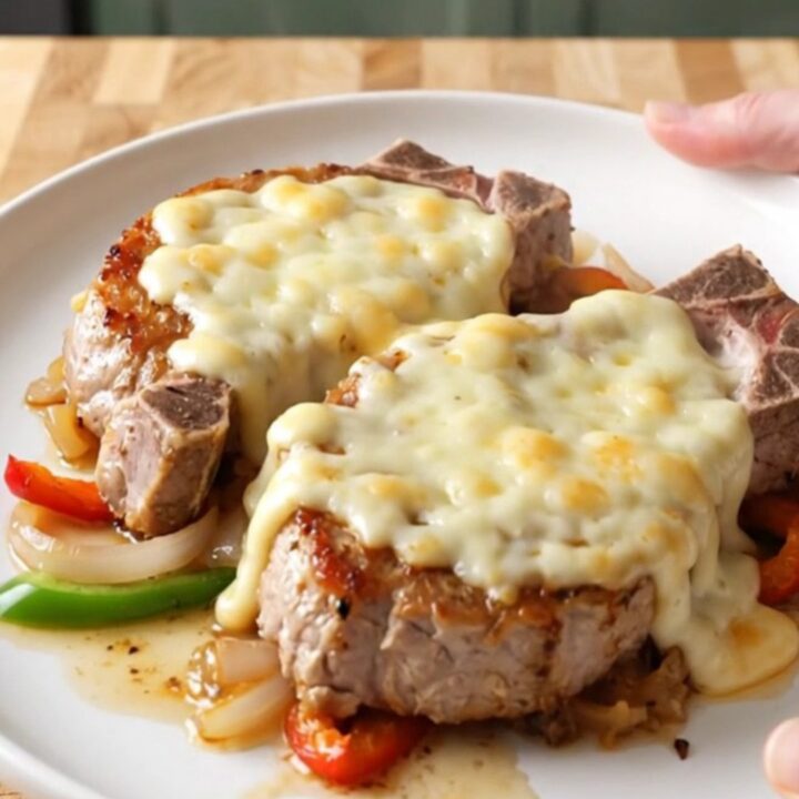 A top-down view of slow-cooked pork chops covered in melted provolone, peppers, and onions in a slow cooker.