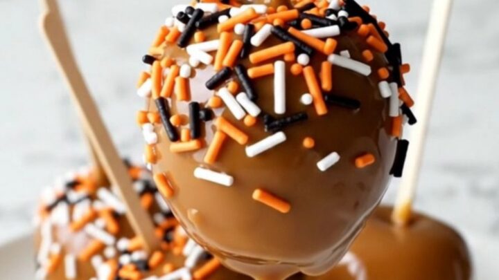 A group of crisp red apples on sticks, coated in thick caramel and festive orange and black sprinkles.