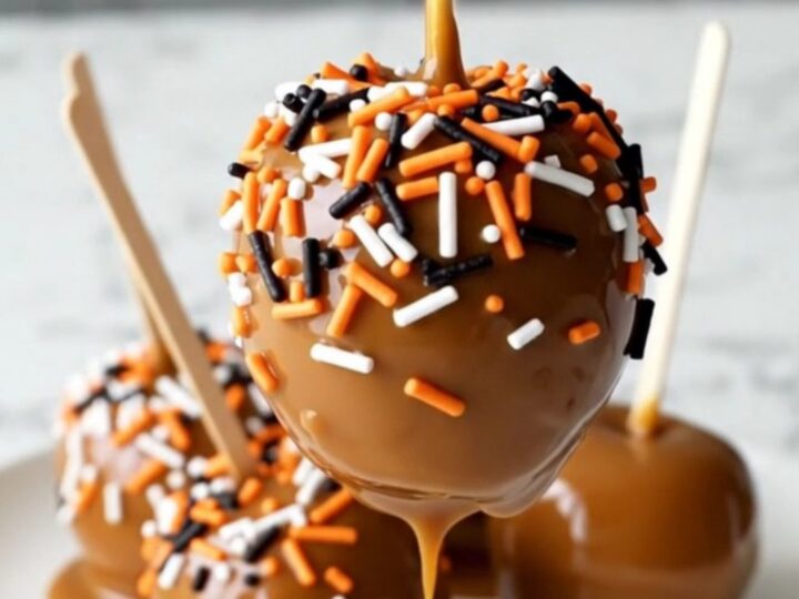 A group of crisp red apples on sticks, coated in thick caramel and festive orange and black sprinkles.