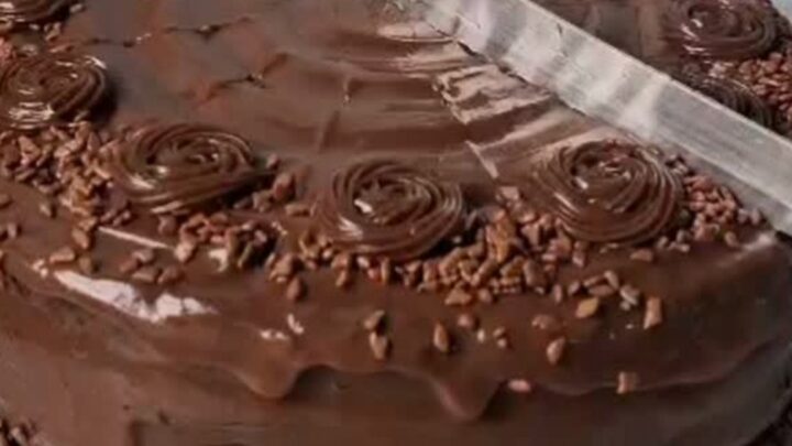 A decadent chocolate fudge cake with glossy ganache and piped rosettes on a white scalloped stand.