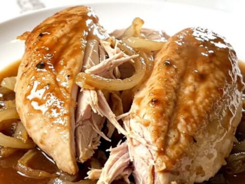 A close-up of tender, shredded chicken French dip served on a plate with savory au jus.