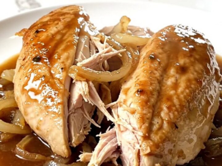 A close-up of tender, shredded chicken French dip served on a plate with savory au jus.