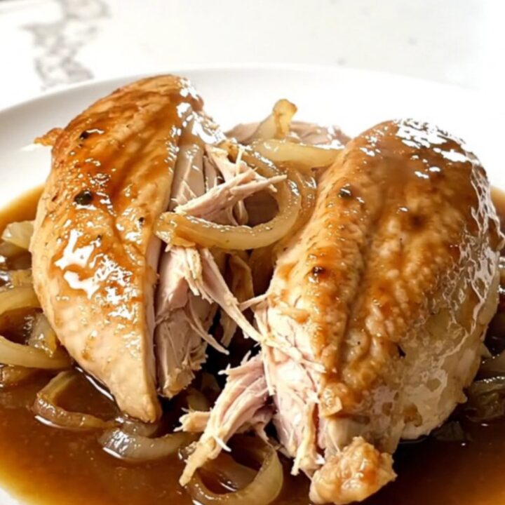 A close-up of tender, shredded chicken French dip served on a plate with savory au jus.